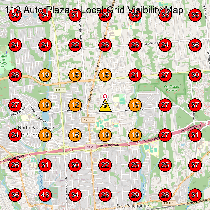 112 Auto Plaza GeoGrid visibility map for Used Car Dealer in Patchogue